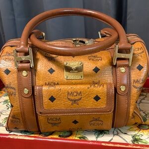 MCM Cognac Leather Satchel with Gold Accents